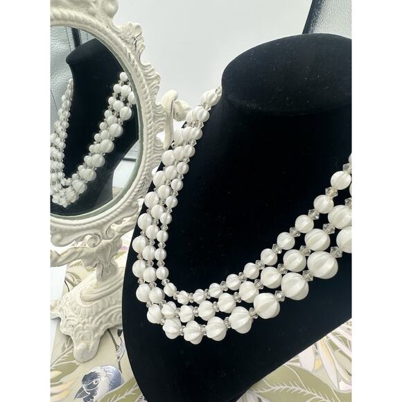 Vintage Retro Multi Strand necklace White Faceted Beads Jewelry Beauty Germany - Picture 3 of 6